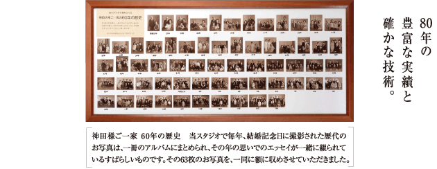 80年の豊富な実績と確かな技術。神田様ご一家 60年の歴史　当スタジオで毎年、結婚記念日に撮影された歴代のお写真は、一冊のアルバムにまとめられ、その年の思いでのエッセイが一緒に綴られているすばらしいものです。その63枚のお写真を、一同に額に収めさせていただきました。