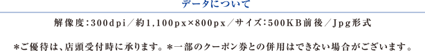 データについて：解像度：300dpi／約1,100px × 800px／サイズ：500KB前後／Jpg形式  ＊ご優待は、店頭受付時に承ります。＊一部のクーポン券との併用はできない場合がございます。