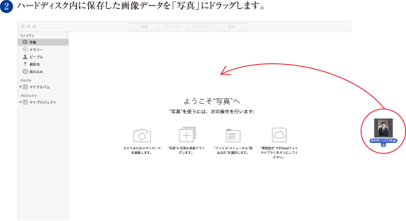 2. ハードディスク内に保存した画像データを「写真」にドラッグします。