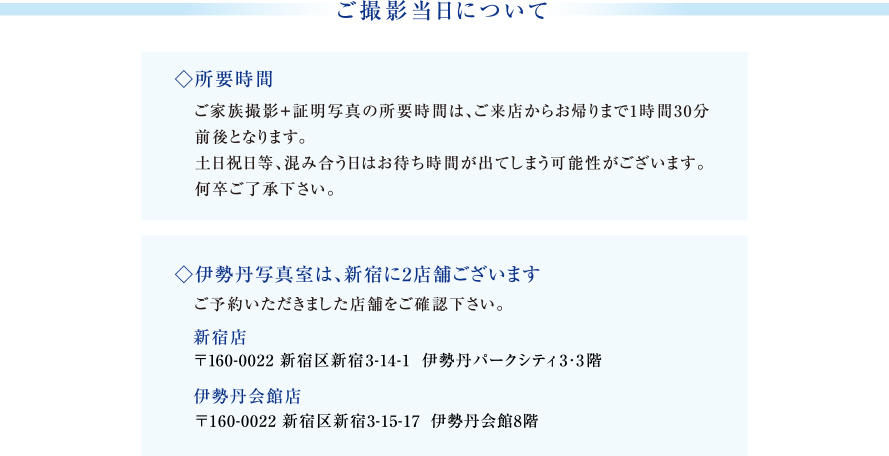 ご撮影当日について　◇所要時間　ご家族撮影+証明写真の所要時間は、ご来店からお帰りまで1時間30分前後となります。土日祝日等、混み合う日はお待ち時間が出てしまう可能性がございます。何卒ご了承下さい。　◇伊勢丹写真室は、新宿に2店舗ございます　ご予約いただきました店舗をご確認下さい。　新宿店　〒160-0022新宿区新宿3-14-1 伊勢丹パークシティ3・3階｜伊勢丹会館店　〒160-0022新宿区新宿3-15-17伊勢丹会館8階