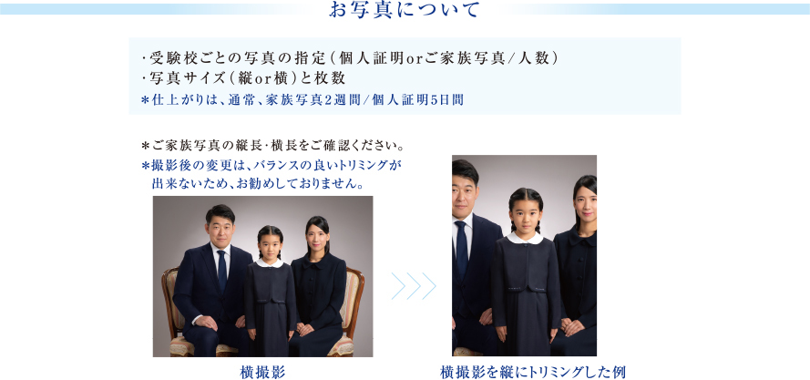 お写真について｜・受験校ごとの写真の指定（ 個人証明orご家族写真/人数 ）　・写真サイズ（ 縦or横 ）と枚数　＊仕上がりは、通常 、家族写真2週間/個人証明3日間　＊ご家族写真の縦長・横長をご確認ください。＊撮影後の変更は、バランスの良いトリミングが出来ないため、お勧めしておりません。｜横撮影 >>> 横撮影を縦にトリミングした例