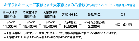 お子さまお一人＋ご家族さま＋大家族さまのご撮影（六ッ切サイズ・ベージュ台紙付）の場合