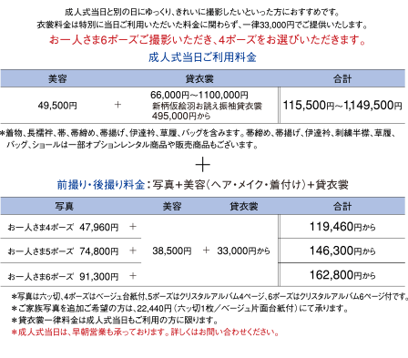 貸衣装成人式当日ご使用+先撮り・後撮り